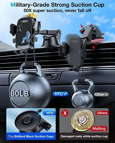 HTU [True Military-Grade] 2025 Upgraded Car Phone Holder 【Safety Certs & No Smell】 Cell Phone Holder for Car Mount for Dashboard Windshield Air Vent Long Arm Thick Case,Navy Blue - 5
