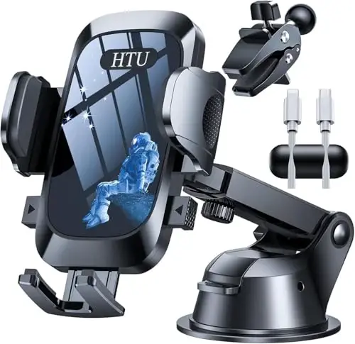 HTU [True Military-Grade] 2025 Upgraded Car Phone Holder 【Safety Certs & No Smell】 Cell Phone Holder for Car Mount for Dashboard Windshield Air Vent Long Arm Thick Case,Navy Blue - HTU