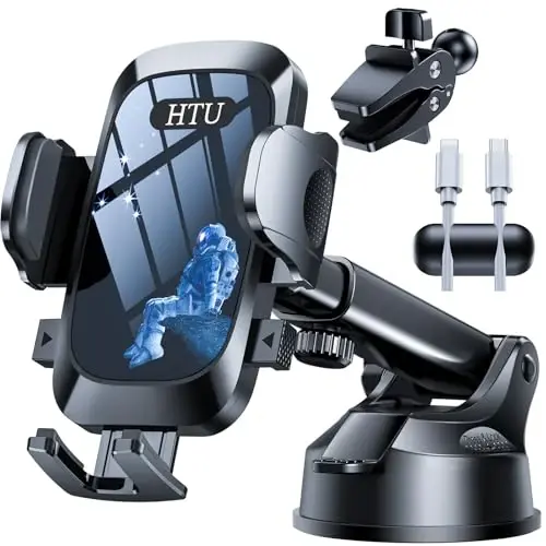HTU [True Military-Grade] 2025 Upgraded Car Phone Holder 【Safety Certs & No Smell】 Cell Phone Holder for Car Mount for Dashboard Windshield Air Vent Long Arm Thick Case,Navy Blue 