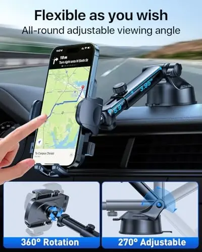 HTU [True Military-Grade] 2025 Upgraded Car Phone Holder 【Safety Certs & No Smell】 Cell Phone Holder for Car Mount for Dashboard Windshield Air Vent Long Arm Thick Case,Navy Blue 