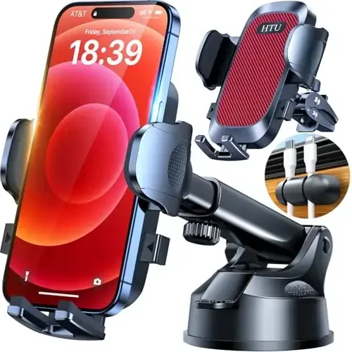 HTU 𝟐𝟎𝟐𝟔 𝐔𝐩𝐠𝐫𝐚𝐝𝐞𝐝 [True Military-Grade] Car Phone Holder【Safety Certs & No Smell】 Cell Phone Holder for Car Mount for Dashboard Windshield Air Vent Long Arm Thick Case,Red - 1
