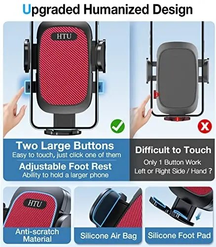 HTU 𝟐𝟎𝟐𝟔 𝐔𝐩𝐠𝐫𝐚𝐝𝐞𝐝【True Military-Grade】 Car Phone Holder【Safety Certs & No Smell】 Cell Phone Holder for Car Mount for Dashboard Windshield Air Vent Long Arm Thick Case,Red - 3