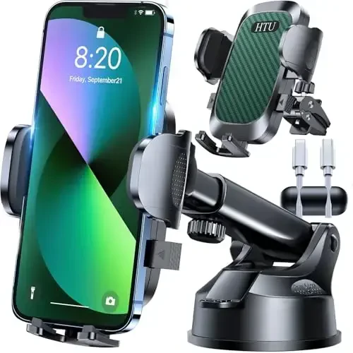 HTU 𝟐𝟎𝟐𝟔 𝐔𝐩𝐠𝐫𝐚𝐝𝐞𝐝【True Military-Grade】 Car Phone Holder【Safety Certs & No Smell】 Cell Phone Holder for Car Mount for Dashboard Windshield Air Vent Long Arm Thick Case,Green - HTU