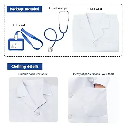 HTVYYDS Doctor Costume Kids, Lab Coat for Kids with Working Stethoscope and ID Card,Doctor Scientist Costume for Boy Girl - 3