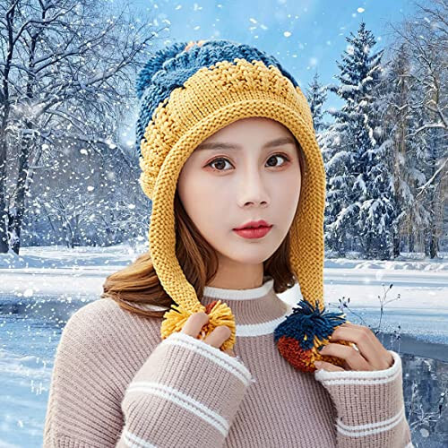 HUAMULAN Women Winter Peruvian Cover Ears Beanie Hat Ear Flaps Sherpa Ski Snow Hats Knit Fleece Lined 3 Pom Pom - 5