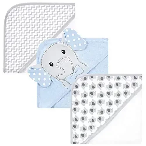 Hudson Baby Unisex Baby Cotton Rich Hooded Towels, White Dots Gray Elephant, One Size 