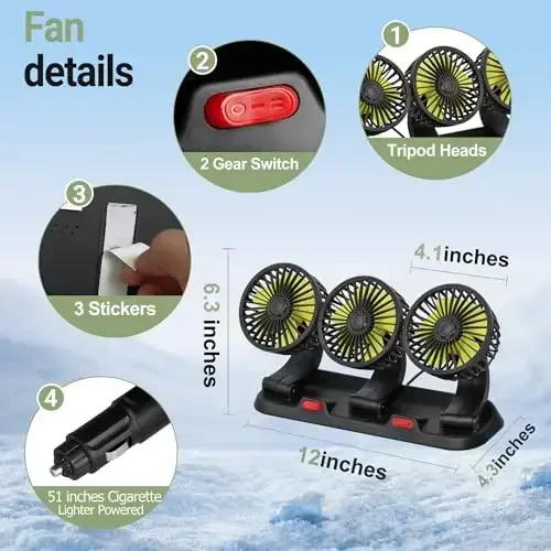HUENLYEL Car Dashboard Fan for Car, Triple Heads 12V Fan for Car Dashboard Truck SUV RV(12V/1A Plug) - 6