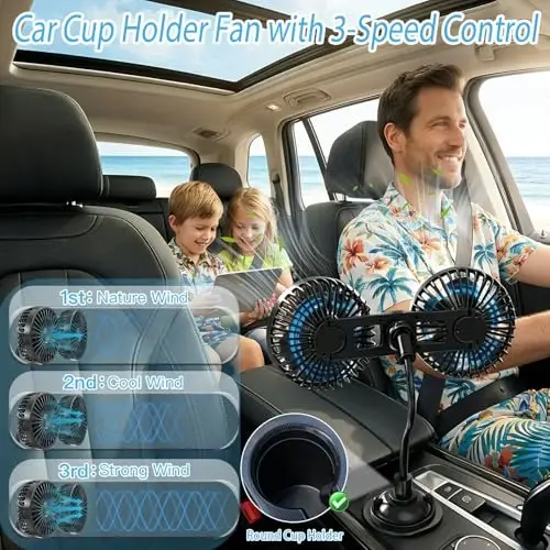 HUENLYEL Dual Head Car Fan for Cup Holder, Cup Holder Fan for Car Truck Vehicle Van RV with 3 Adjustable Speeds& 360°Rotation (USB Powered/No Battery) - 3