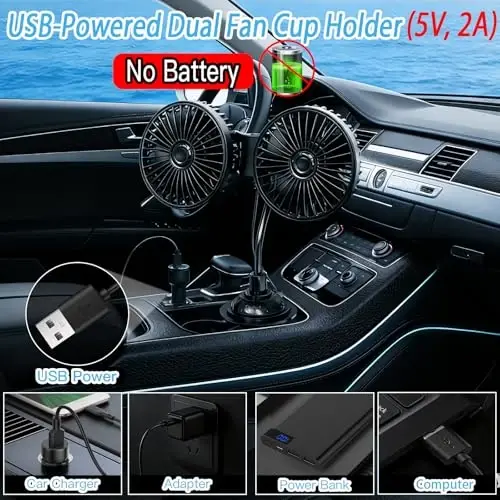 HUENLYEL Dual Head Car Fan for Cup Holder, Cup Holder Fan for Car Truck Vehicle Van RV with 3 Adjustable Speeds& 360°Rotation (USB Powered/No Battery) - 5