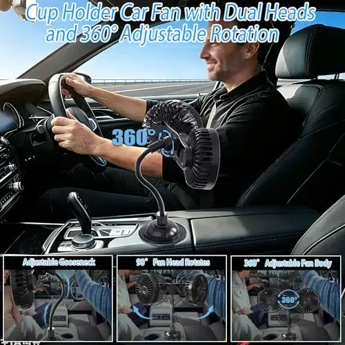 HUENLYEL Dual Head Car Fan for Cup Holder, Cup Holder Fan for Car Truck Vehicle Van RV with 3 Adjustable Speeds& 360°Rotation (USB Powered/No Battery) - 2