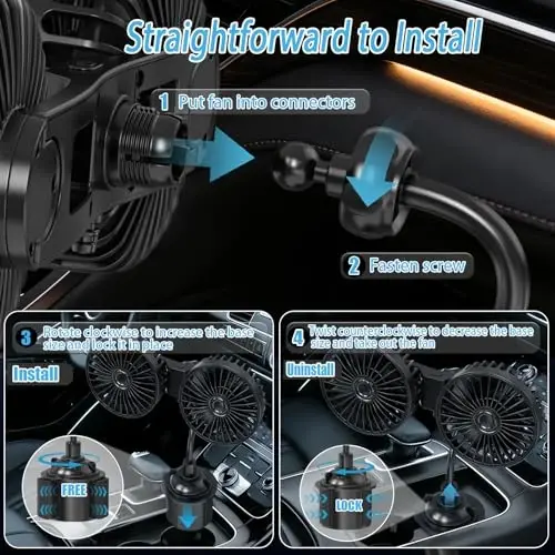 HUENLYEL Dual Head Car Fan for Cup Holder, Cup Holder Fan for Car Truck Vehicle Van RV with 3 Adjustable Speeds& 360°Rotation (USB Powered/No Battery) - 6
