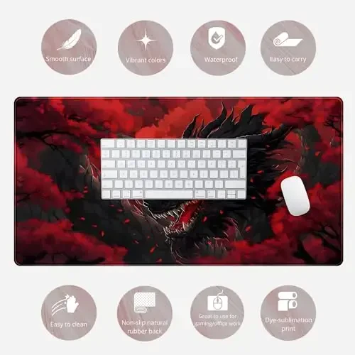 Huge Dragon Large Mouse Pad - Red and Black Mousepad, Big Full Keyboard and Mouse Pad with Stitched Edges, Anti-Slip, Funny Desk Pad, 31.5 X 15.8 in. - 6