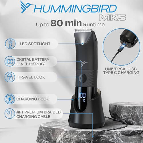 HUMMINGBIRD MK5 Pubic Hair Trimmer for Men – Ceramic Blade, No Nick, No Cut, Ball Trimmer, Waterproof, USB-C Rechargeable, LED Display, Charging Dock & Travel Pouch, Body Trimmer & Ball Shaver - 6