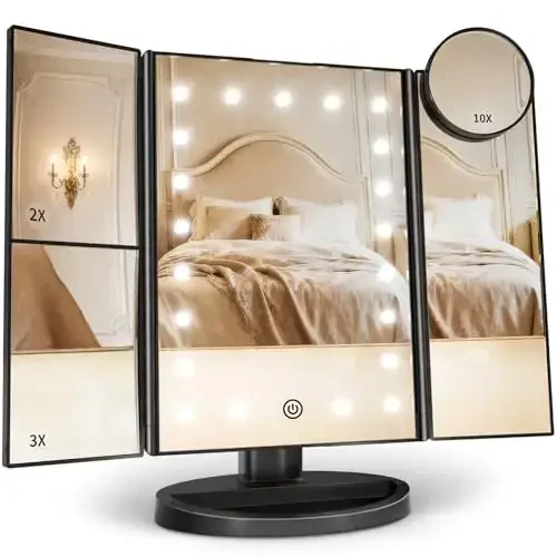 HUONUL Makeup Mirror Vanity with Lights, 2X 3X 10X Magnification, Touch Control, Trifold Mirror, Dual Power Supply, Gifts for Women, Wife, Mom, Teengirls(Black) 