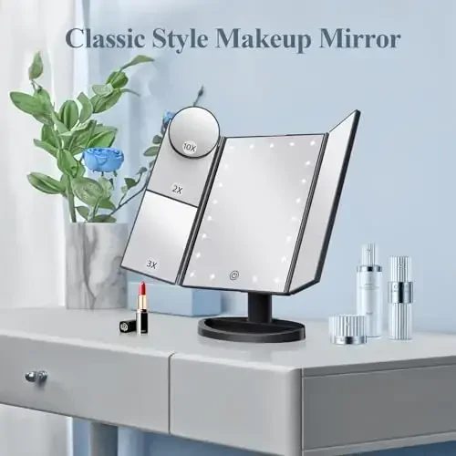 HUONUL Makeup Mirror Vanity with Lights, 2X 3X 10X Magnification, Touch Control, Trifold Mirror, Dual Power Supply, Gifts for Women, Wife, Mom, Teengirls(Black) - HUONUL (1)