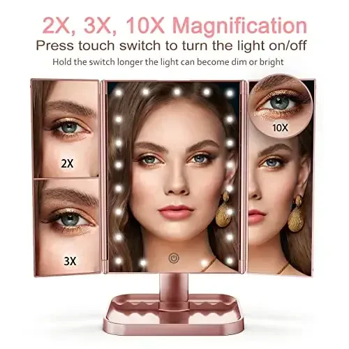 HUONUL Makeup Mirror, 10X 3X 2X kattalashtirish, yoritilgan pardoz oynasi, sensorli boshqaruv, ikkilamchi quvvat manbai, portativ LED oyna, ayollar uchun sovg'a (atirgul oltin) - 4