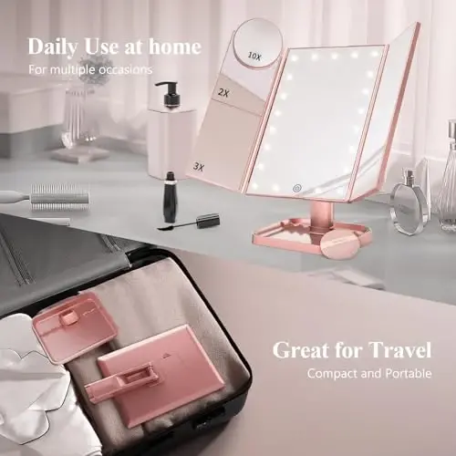 HUONUL Makeup Mirror, 10X 3X 2X kattalashtirish, yoritilgan pardoz oynasi, sensorli boshqaruv, ikkilamchi quvvat manbai, portativ LED oyna, ayollar uchun sovg'a (atirgul oltin) - 3