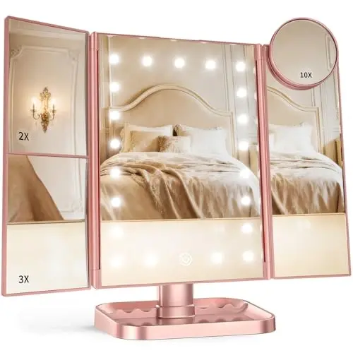 HUONUL Makeup Mirror, 10X 3X 2X kattalashtirish, yoritilgan pardoz oynasi, sensorli boshqaruv, ikkilamchi quvvat manbai, portativ LED oyna, ayollar uchun sovg'a (atirgul oltin) - 5