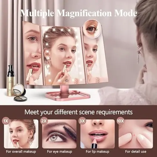 HUONUL Makeup Mirror, 10X 3X 2X Magnification, Lighted Makeup Mirror, Touch Control, Dual Power Supply, Portable LED Mirror, Women Gift (Rose Gold) - HUONUL