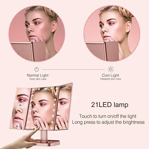 HUONUL Makeup Mirror, 10X 3X 2X Magnification, Lighted Makeup Mirror, Touch Control, Dual Power Supply, Portable LED Mirror, Women Gift (Rose Gold) - 1