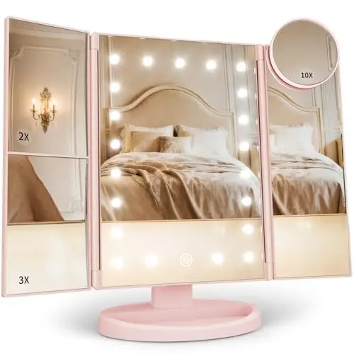 HUONUL Makeup Mirror Vanity with Lights, 2X 3X 10X Magnification, Touch Control, Trifold Mirror, Dual Power Supply, Gifts for Women, Wife, Mom, Teengirls(Black) - 1