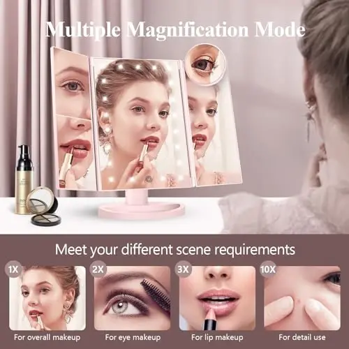 HUONUL Makeup Mirror Vanity with Lights, 2X 3X 10X Magnification, Touch Control, Trifold Mirror, Dual Power Supply, Gifts for Women, Wife, Mom, Teengirls(Black) - MODAZONE (1)