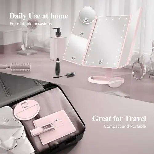 HUONUL Makeup Mirror Vanity with Lights, 2X 3X 10X Magnification, Touch Control, Trifold Mirror, Dual Power Supply, Gifts for Women, Wife, Mom, Teengirls(Black) - 4