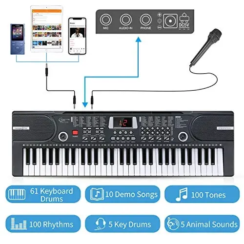 Huracan Kids Piano Klaviaturasi, 61 Tugmali Boshlanuvchilar uchun Elektronik Klaviatura Ko‘chma Raqamli Musiqa Klaviaturasi, Bolalarga Musiqiy Ta’lim O‘yinchoqi Mikrofon va Nota Qo‘yilishi bilan, O‘g‘il va Qiz Bolalar uchun Sovg‘a - 3