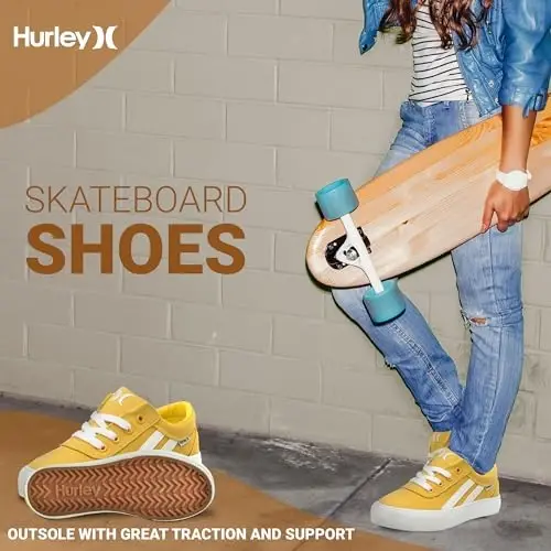 Hurley Boardy Kids bog‘ichli kanvas krossovkalari – bolalar uchun past bo‘yli skeytbording tuflilari, o‘g‘il va qiz bolalar uchun sport krossovkalari - 4