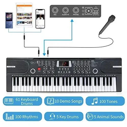 Hurricane Kids Piano Keyboard, 61 Keys Beginner Electronic Keyboard Portable Digital Music Keyboard, Early Education Music Instrument with Microphone & Music Sheet Stand, Gift for Boy Girl - 3