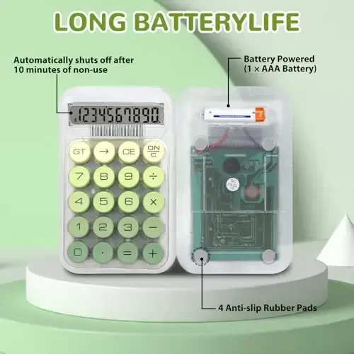 HUTUDD Cute Calculator, Mechanical Switch Calculator, Calculators Desktop 10 Digits, Desk Calculator with Big Buttons and LCD Display,Battery Power,Basic Small Calculator for School Home Office(Green) - 3