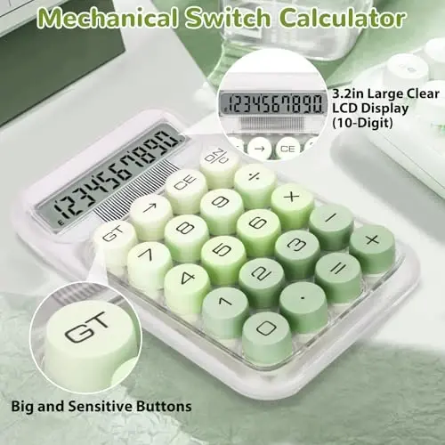 HUTUDD Cute Calculator, Mechanical Switch Calculator, Calculators Desktop 10 Digits, Desk Calculator with Big Buttons and LCD Display,Battery Power,Basic Small Calculator for School Home Office(Green) - 4