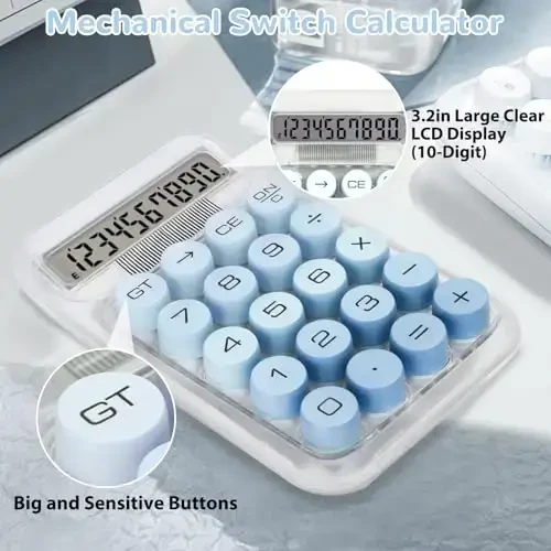 HUTUDD Cute Calculator, Mechanical Switch Calculator, Calculators Desktop 10 Digits, Desk Calculators with Big Buttons and LCD Display, Battery Power, Ideal for School Home Office Basic(Blue) - 4
