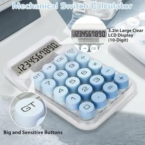 HUTUDD Cute Calculator, Mechanical Switch Calculator, Calculators Desktop 10 Digits, Desk Calculators with Big Buttons and LCD Display, Battery Power, Ideal for School Home Office Basic(Blue) - 4
