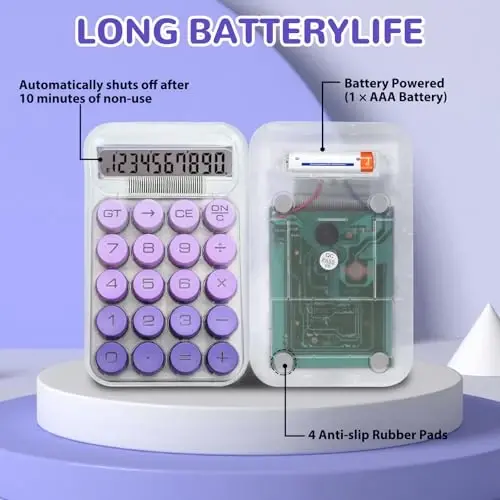 HUTUDD Cute Calculator, Mechanical Switch Calculator,Calculators Desktop 10 Digits,Desk Calculators with Big Buttons and LCD Display,Battery Power, Ideal for School Home Office Basic Purple - 3