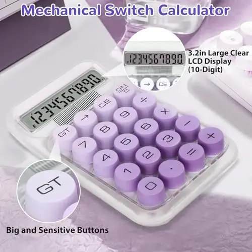 HUTUDD Cute Calculator, Mechanical Switch Calculator,Calculators Desktop 10 Digits,Desk Calculators with Big Buttons and LCD Display,Battery Power, Ideal for School Home Office Basic Purple - 4