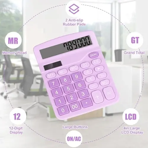 HUTUDD Desktop Calculator, Binafsha Kalkulyator Katta Tugmalar, 12-Xonali Katta LCD Displey, Quyosh va AA Batareyali Ikkilamchi Quvvat, Ofis Uy Maktab Biznes Sinf uchun Stol Kalkulyatorlari (Binafsha) - 4