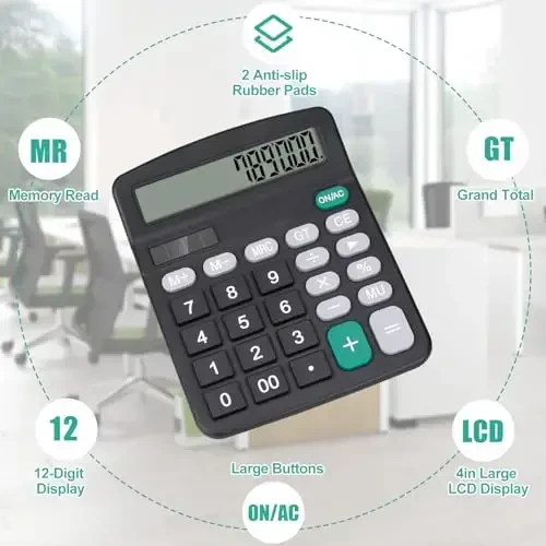 HUTUDD Desktop Calculator, Black Calculator Big Buttons, 12-Digits Large LCD Display, Solar and AA Battery Dual Power, Desk Calculators for Office Home School Business Class (Black) - 4