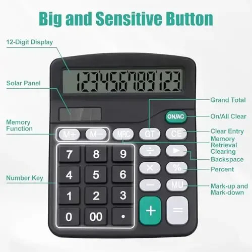 HUTUDD Desktop Calculator, Black Calculator Big Buttons, 12-Digits Large LCD Display, Solar and AA Battery Dual Power, Desk Calculators for Office Home School Business Class (Black) - 5