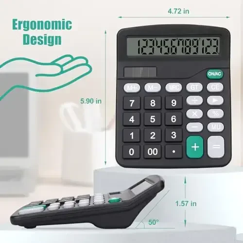 HUTUDD Desktop Calculator, Black Calculator Big Buttons, 12-Digits Large LCD Display, Solar and AA Battery Dual Power, Desk Calculators for Office Home School Business Class (Black) - 6