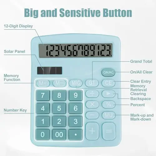 HUTUDD Desktop Calculator, Light Blue Calculator Big Buttons, 12-Digits Large LCD Display, Solar and AA Battery Dual Power, Desk Calculator for Office Home School Business Class (Light Blue) - 5