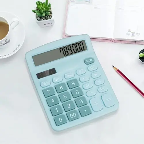 HUTUDD Desktop Calculator, Light Blue Calculator Big Buttons, 12-Digits Large LCD Display, Solar and AA Battery Dual Power, Desk Calculator for Office Home School Business Class (Light Blue) - 3