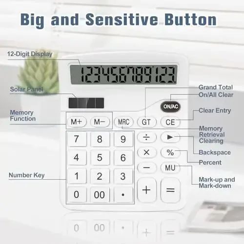 HUTUDD Desktop Calculator - Oq Katta Tugmali 12-Raqamli LCD Displey, Quyosh va AA Batareyasi bilan ishlaydi, Ofis, Uy, Maktab va Biznes uchun Stol Kalkulyatori - 5