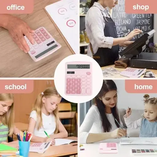 HUTUDD Desktop Calculator, Pink Calculator Big Buttons, 12-Digits Large LCD Display, Solar and AA Battery Dual Power, Desk Calculators for Office Home School Business Class (Pink) - 7