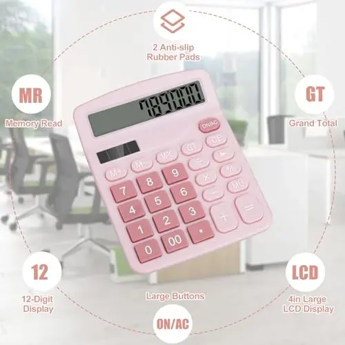 HUTUDD Desktop Calculator, Pink Calculator Big Buttons, 12-Digits Large LCD Display, Solar and AA Battery Dual Power, Desk Calculators for Office Home School Business Class (Pink) - 4