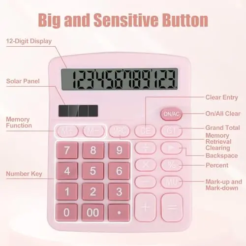 HUTUDD Desktop Calculator, Pink Calculator Big Buttons, 12-Digits Large LCD Display, Solar and AA Battery Dual Power, Desk Calculators for Office Home School Business Class (Pink) - 5