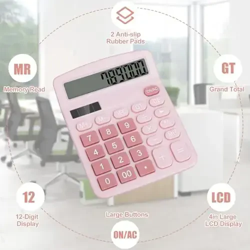 HUTUDD Desktop Calculator, Pink Calculator Katta Tugmalar, 12-Raqamli Katta LCD Displey, Quyosh va AA Batareya Ikkilamchi Quvvat, Ofis Uy Maktab Biznes Sinf uchun Stol Kalkulyatorlari (Pushti) - 4