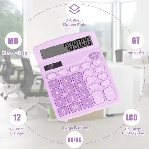 HUTUDD Desktop Calculator, Purple Calculator Big Buttons, 12-Digits Large LCD Display, Solar and AA Battery Dual Power, Desk Calculators for Office Home School Business Class (Purple) - 4