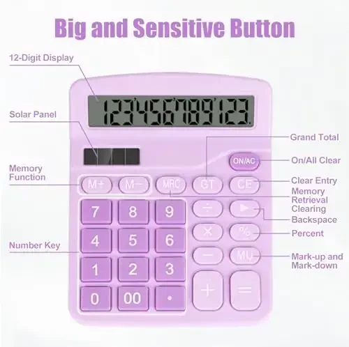 HUTUDD Desktop Calculator, Purple Calculator Big Buttons, 12-Digits Large LCD Display, Solar and AA Battery Dual Power, Desk Calculators for Office Home School Business Class (Purple) - 5
