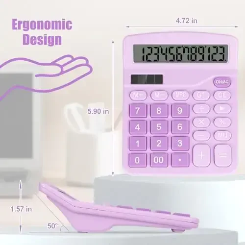 HUTUDD Desktop Calculator, Purple Calculator Big Buttons, 12-Digits Large LCD Display, Solar and AA Battery Dual Power, Desk Calculators for Office Home School Business Class (Purple) - 6
